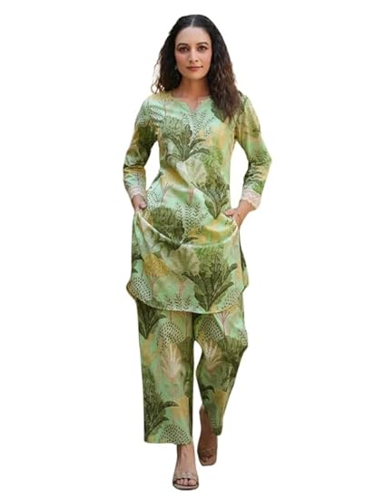 NAYVANA Women's Cotton Blend Green Printed V-Neck Co-ord Set | Daily & Casual Wear