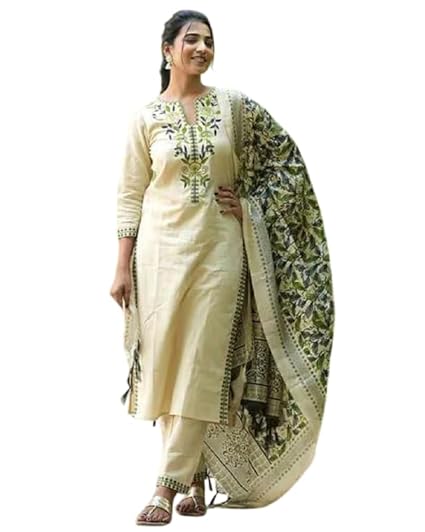 Kavvya Women South Cotton Embroidered Kurta with Pant & Dupatta - Green