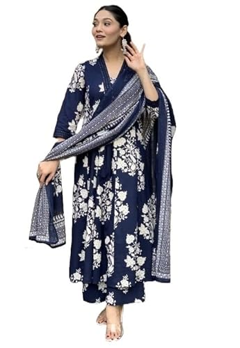 Nayvika Women’s Printed A-Line Kurta with Pant and Dupatta Set