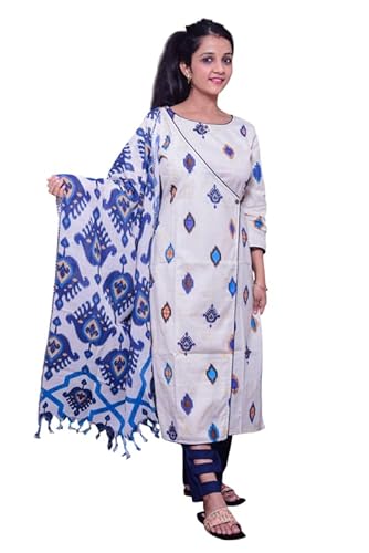 Ikat Impressions by Riva Raga | Pure Cotton Kurta Set for Women | White & Blue