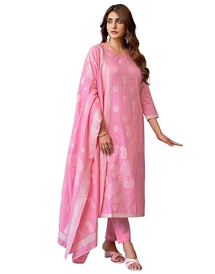 Cohitud Women's Cotton Self Design Straight Kurta Pant with Dupatta Set