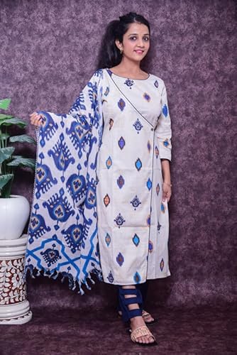 Ikat Impressions by Riva Raga | Pure Cotton Kurta Set for Women | White & Blue