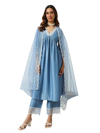 FLORVIA Women's Silk Blend Embroidered Nayra Cut Kurta Palazzo With Dupatta Set