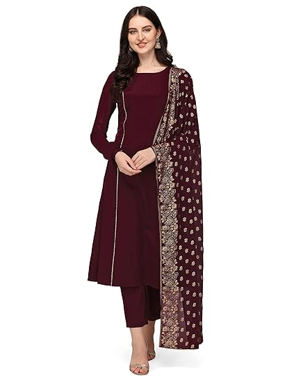 FAYNZA Women's Maroon Poly Crepe A-Line Kurta Set With Dupatta