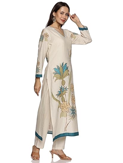 booFASH Women's Cotton Hand Block Printed Thread Work Straight Kurta Pant with Dupatta Set