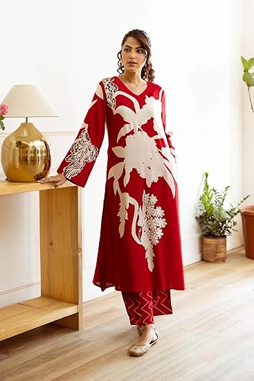 GleamRoot Women's Rayon Viscose Straight Printed Kurta with Palazzo