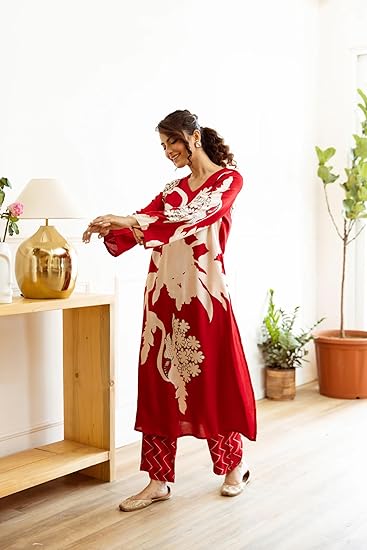 GleamRoot Women's Rayon Viscose Straight Printed Kurta with Palazzo