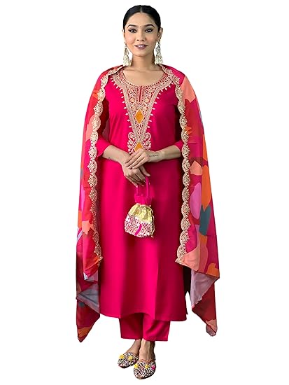 Nayvra Women's Red Viscose Silk Embroidered Straight Kurta with Pant and Dupatta Sets