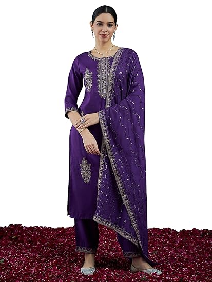 IMAYRAH Women's Cotton Blend Embroidered Straight Kurta Pant and Dupatta Set