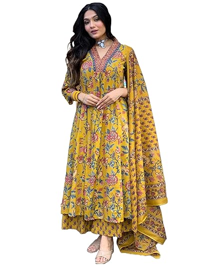 Gulmora Women's Rayon Viscose Anarkali Printed Kurta with Palazzo & Dupatta