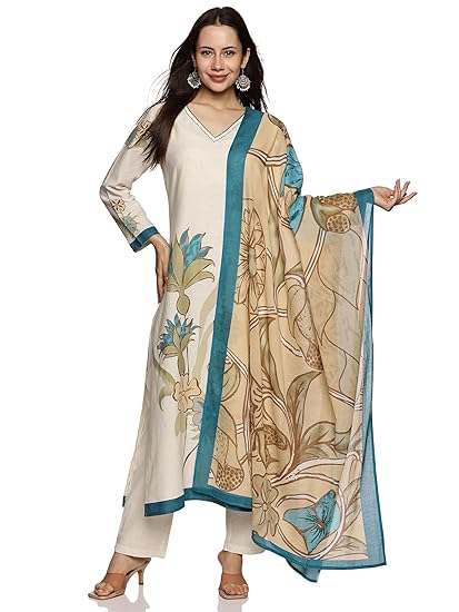 booFASH Women's Cotton Hand Block Printed Thread Work Straight Kurta Pant with Dupatta Set