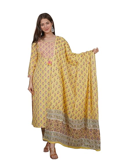 MIRAYAA CRAFT Women's Cotton Green Printed Straight Embroidery Kurta with Palazzo & Dupatta Set