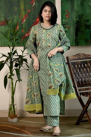 Gulmora Women's Cotton Blend Straight Embroidered Kurta with Pant & Dupatta